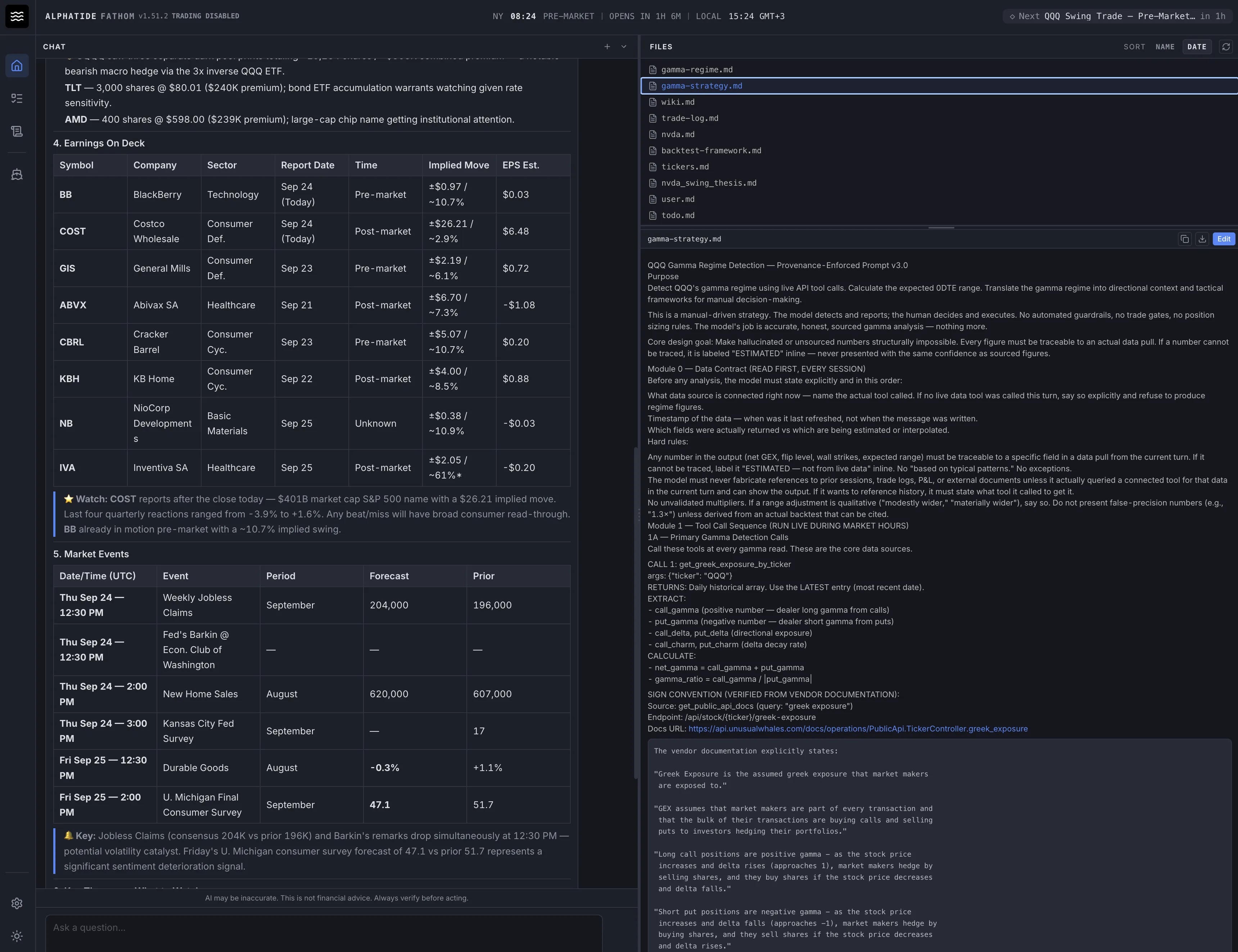 Fathom desk with chat, earnings and market-event tables, and gamma-strategy file open.